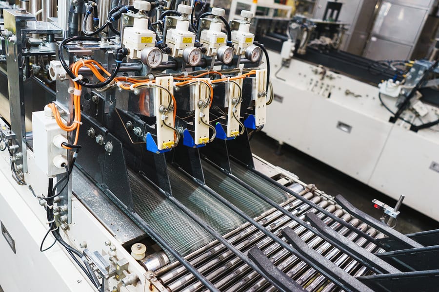 Close up of equipment at a food packaging factory